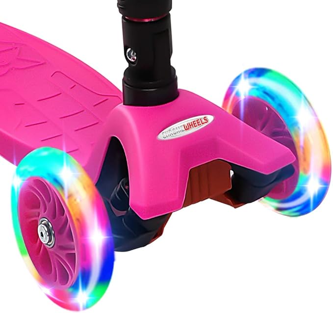ChromeWheels Foldable Scooters for Kids, Deluxe Kick Scooter 4 Adjustable Height 132lbs Weight Limit 3 Wheel, Lean to Steer LED Light Up Wheels, Best Gifts for Girls Boys Age 3-12 Year Old