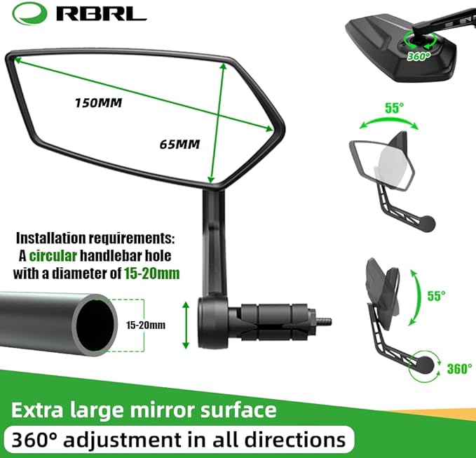 RBRL Bike Mirror Bar End Bike Mirror, Rotatable Bicycle Mirror, Automotive Grade Glass Bike Side Mirrors, Scratch Resistant E-Bike Universal Rearview Mirrors for Mountain bike (Right)