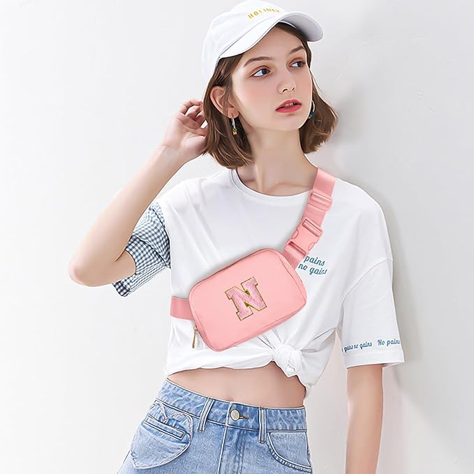 Gitus Belt Bag Fanny Pack Crossbody Bags with Initial Letter Patch Cute Stuff Birthday Gifts for Teenager Girls Trendy Preppy Stuff for Teen Girls Cool Stuff for Teens (Light Pink-N)
