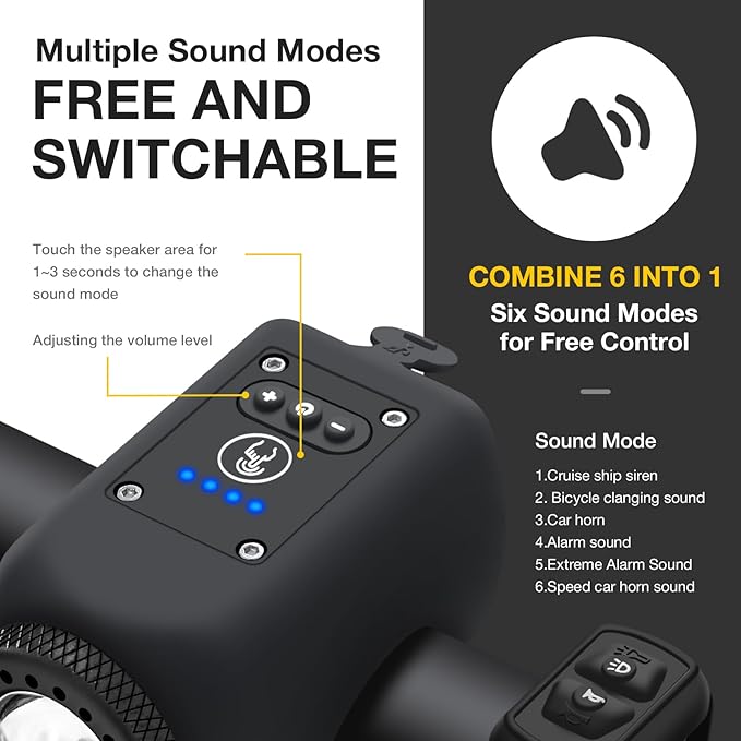 Bike Horn, Bicycle Horn with Large Range Floodlight, IPX5 Waterproof with USB Rechargeable Bike Electronic Horn