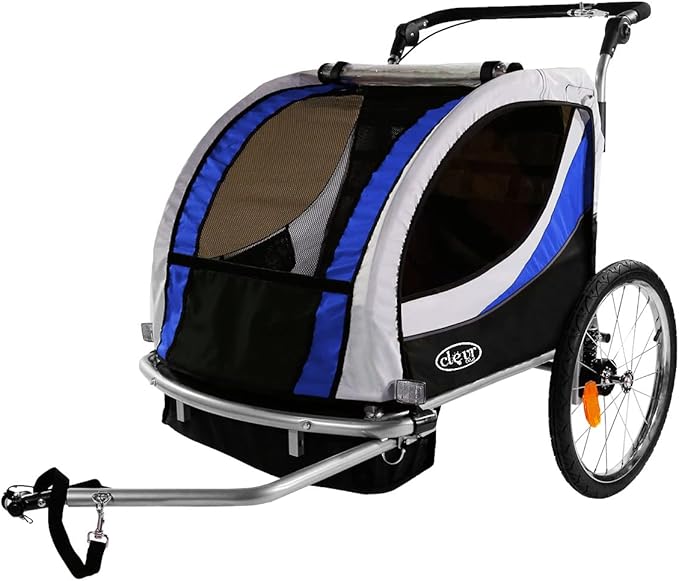 ClevrPlus Deluxe 3-in-1 Double 2 Seat Bicycle Bike Trailer Jogger Stroller for Kids Children | Foldable Collapsible w/Pivot Front Wheel