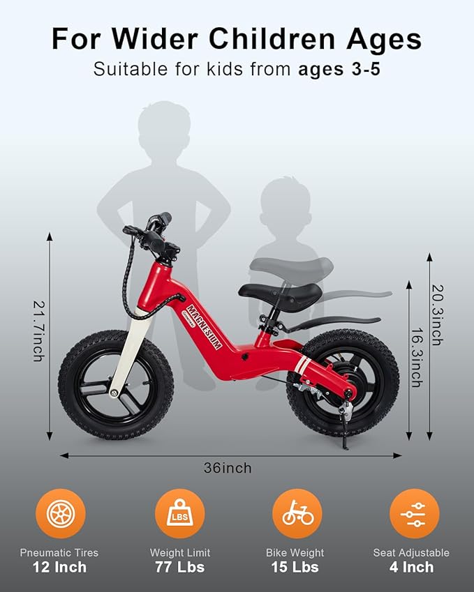 GROWNEER Electric Balance Bike for Kids,12&14-Inch Tires,Ages 3–8,Lightweight Magnesium Alloy Frame,3 Speed Settings Light-up Front Tire & Adjustable Seat, Electric Bike for Kids