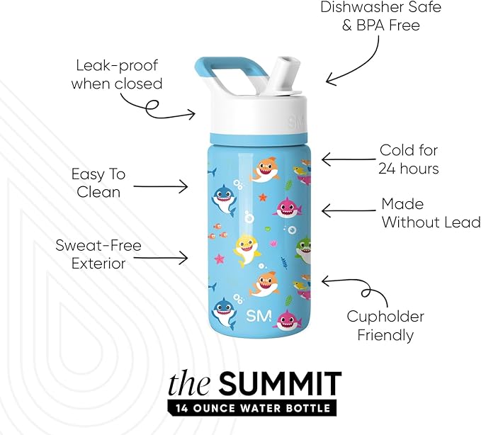 Simple Modern Kids Summit Water Bottle with Straw Lid | Baby Shark 14oz Stainless Steel Cup Insulated Tumbler for Toddlers, School | Baby Shark Friends