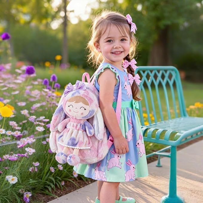 Gloveleya Back to School Gifts for Girls Backpack Plush Diaper Bag Detachabale Doll Tie-dye Purple and Soft Rabbit Design Aged 2+