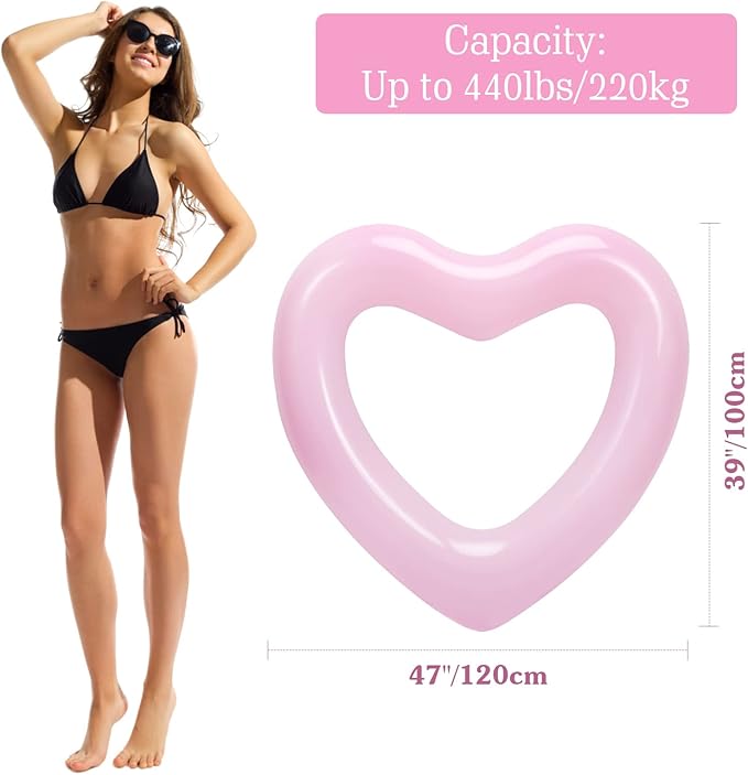 HeySplash Pool Floats, Adult Size Heart Inflatable Pool Floatie for Bachelorette Party, Swim Tube Rings, River Lake Beach Floaty, Wedding Bride Valentine Decor, Fun Toy Raft Lounge, Pink