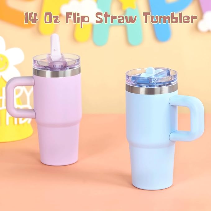 Cosictic 14 Oz Flip Straw Tumbler with Handle for Kids, Stainless Steel Double Wall Insulated Cup for Children with Flip Top Lid, 14 Oz Leak-proof Cups for Kids, Sky Blue and Purple