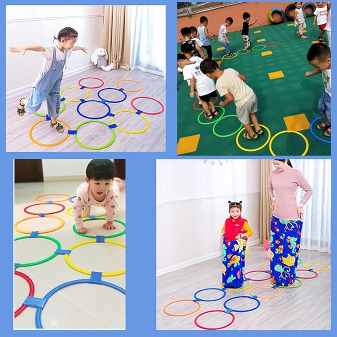 11in Hopscotch Rings-Hopscotch Game Hoops Circles with 15 Connectors for Kids Balance Agility Training Obstacle Course, Boys Girls Birthday Fun Play Indoor Outdoor Backyard Playground Activity