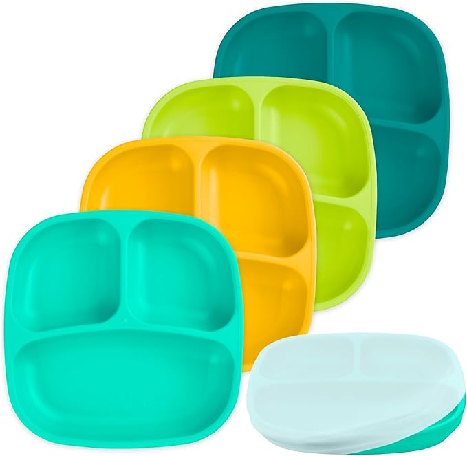 Re-Play Toddler Plates with Dividers & Silicone Lid - Deep-Walled 3 Compartments Divided Plates for Kids - Dishwasher/Microwave Safe - Made in USA - Set of 4-7.37" x 7.37" x 1.25" - Aqua Asst