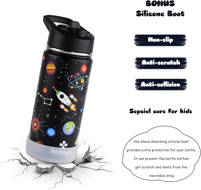 16 oz Stainless Steel Insulated Kids Water Bottle, Leak Proof Metal Thermal Flask with Straw lid, Cute Toddler Tumbler Cup for School Girls & Boys (Black, Space)