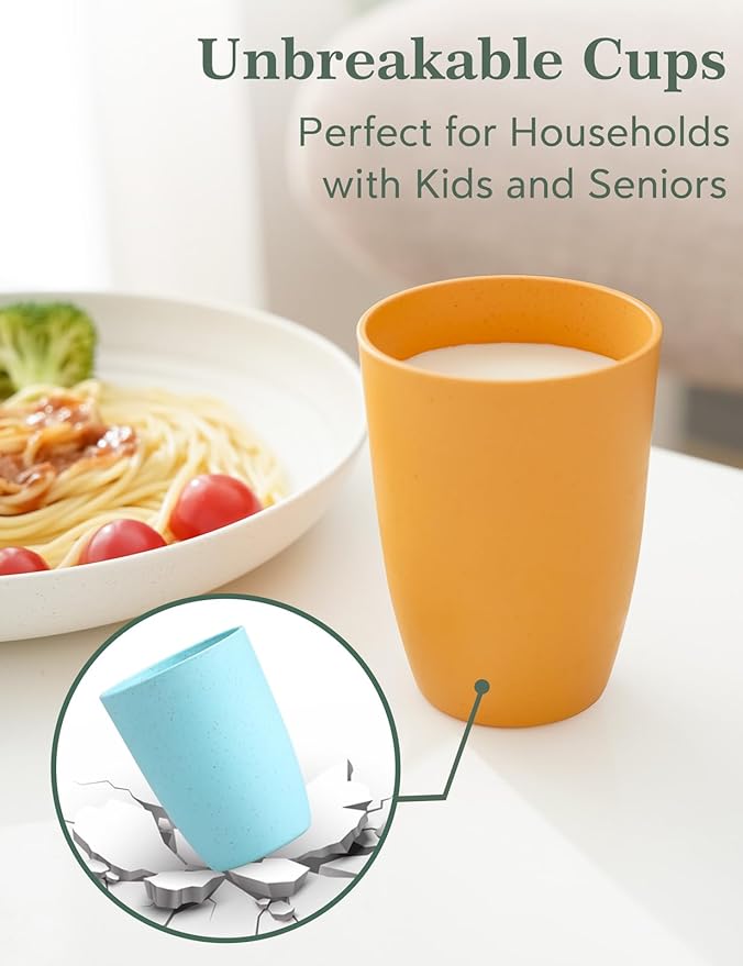 Wheat Straw Cups Set of 8 - Unbreakable 12 OZ Reusable Drinking Glasses BPA Free Cup Dishwasher Safe Tumblers