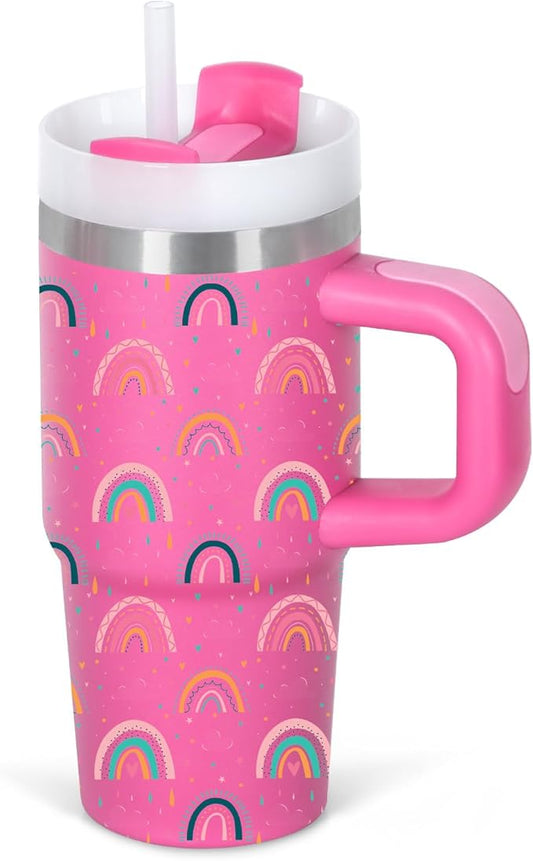 Cosictic 14 Oz Rainbow Tumbler with Handle and Straw for Kids, Stainless Steel Insulated Rainbow Cup for Children, 14 Oz Cups for Kids (Hot Pink)