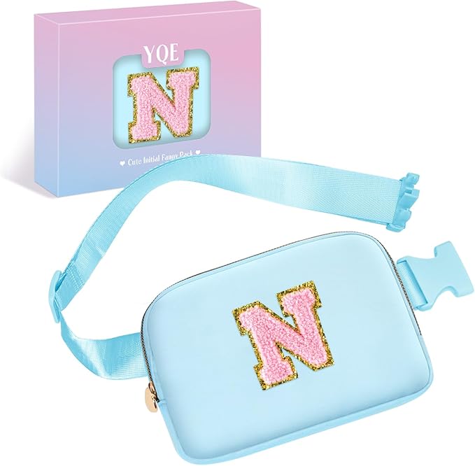 Belt Bag Crossbody Initial Fanny Pack Waist Pack for Teen Girl Gifts, Trendy Stuff for Her Friends 5 6 7 8 9 10 11 12 13 Year Old Birthday Gift, Anniversary Easter Gifts Preppy (Blue,N)