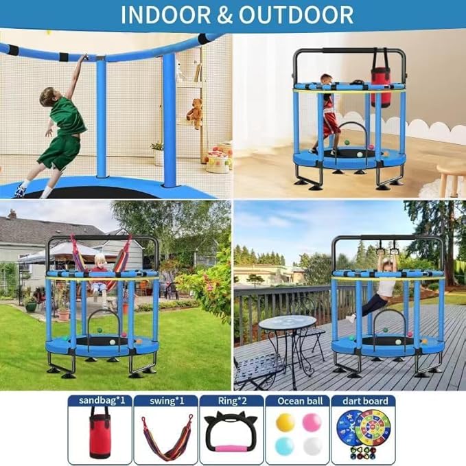 Trampoline for Kids, Upgrade Full Anti-Rust 440lbs Indoor Outdoor Toddler Trampoline with Net, 55" Adjustable Baby Toddler Trampolines Accessories with 8 Toys Dart Board