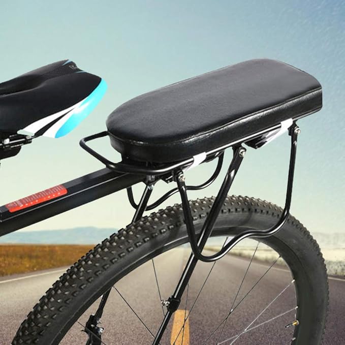 Bicycle Manned Cushion, Black PU Bike Rear Saddle Mountain Bike Back Shelf Seat Cushion, Wide Soft Pad Bicycle Accessory for School Sports Trail Riding