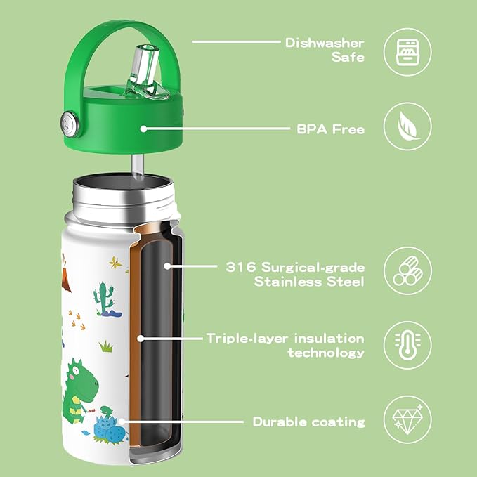 OISIZ Kids Water Bottle with Straw Lid 14oz, Vacuum Insulated 316 Stainless Steel Water Bottles for Kids for School, Leakproof Water Bottle, BPA Free and Keep Cold for 24 Hours