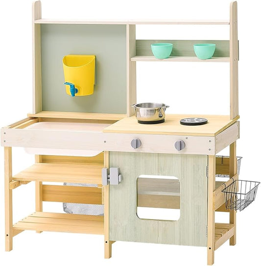 VEVOR Mud Kitchen for Kids, Wooden Toy Play Kitchen Set, Outdoor Toddler Grocery Store Playset, Pretend Play Kitchen with Stoves, Tank, Faucet, Storage Bag, Metal Baskets, and Cookware Pots