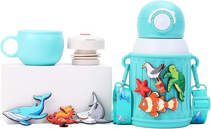 Kids Insulated Tumbler Set – 16 oz Stainless Steel Bottle with 2 Lids (Straw + Pour), Screw-On Cup, Adjustable Strap, Silicone Sleeve + 8 Charms – BPA-Free, Gift-Ready (Ocean Life)