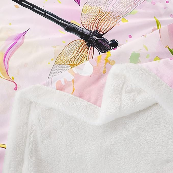 Feelyou Dragonfly Sherpa Blanket for Girls Women Colorful Floral Fleece Throw Beautiful Dragonflies Plush Pink Flowers Room Decor Animal Fuzzy Sofa Bed Couch, Baby 30x40 Inch