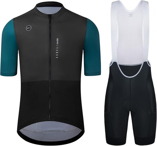 Men's Cycling Jersey Set Cycling Kit Bicycle Jersey Rear Zipper Pocket Bike Bib Shorts with Pockets Race Fit High Density Pad