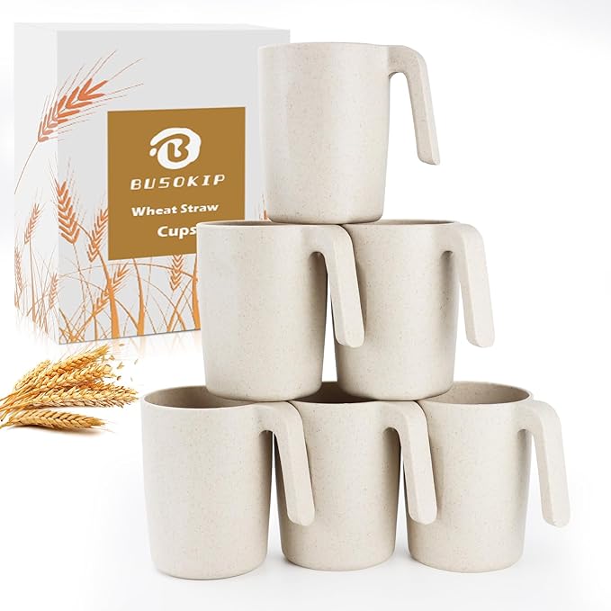 Coffee Mugs Set of 6, Wheat Straw Cups 16 oz, Resuable Plastic Mugs With Handle, Unbreakable Kids Mugs, Dishwasher and Microwave safe Coffee Cups for Tea, Camping & Kitchen (Beige)