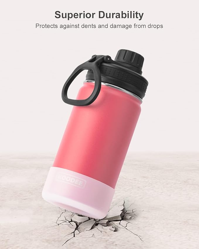 koodee 12 oz Water Bottle for School Stainless Steel Double Wall Vacuum Insulated Wide Mouth Flask with Leakproof Spout Lid (Flamingo Pink)