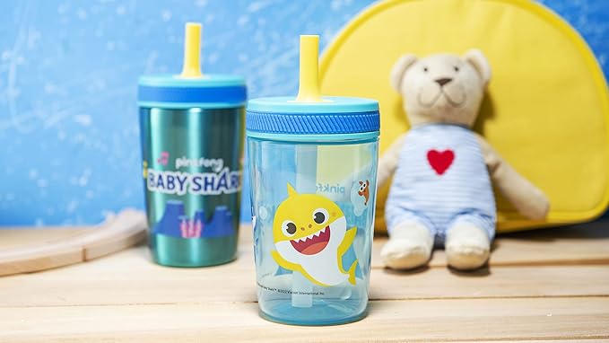 Zak Designs Baby Shark Kelso Tumbler Set, Leak-Proof Screw-On Lid with Straw, Bundle for Kids Includes Plastic and Stainless Steel Cups with Bonus Sipper (3pc Set, Non-BPA)