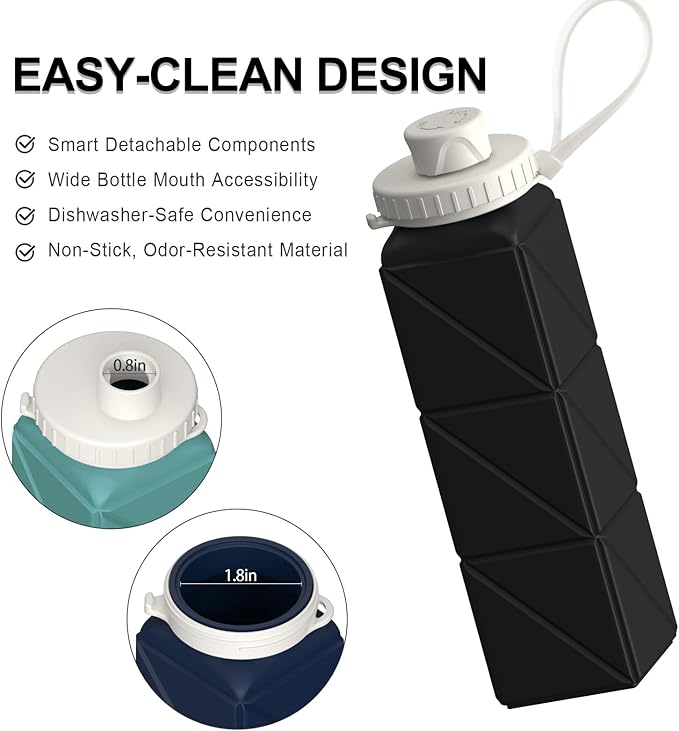 Collapsible Water Bottles 20.6oz, Silicone Foldable Portable Travel Water Bottle, Lightweight Reusable Leakproof for Traveling Camping Hiking Cycling Yoga Sports Outdoor, 1 Pack (Black)
