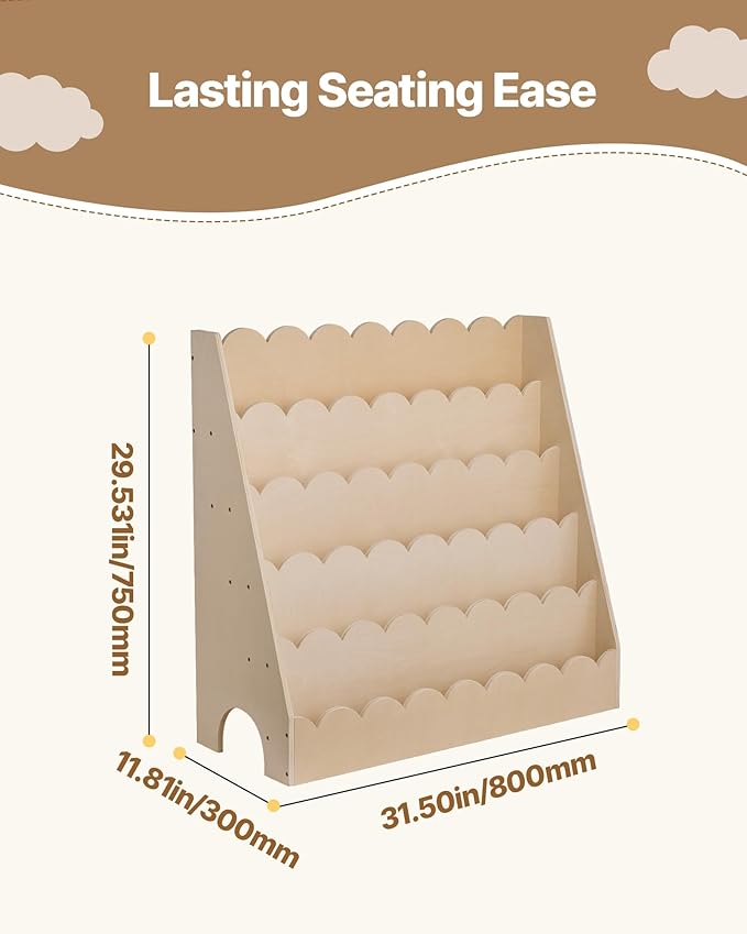 VEVOR 5-Tier Montessori Bookshelf, Scalloped Kids Bookcase, Wooden Book Shelf with 2 Dual Hooks, Daycare Furniture Display Bookshelf for Bedroom, Living Room, Entryway, Nursury, Preschool