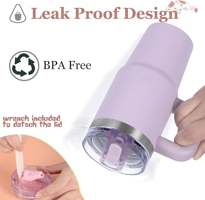 Cosictic 14 Oz Flip Straw Tumbler with Handle for Kids, Stainless Steel Double Wall Insulated Cup for Children with Flip Top Lid, 14 Oz Leak-proof Cups for Kids, Purple