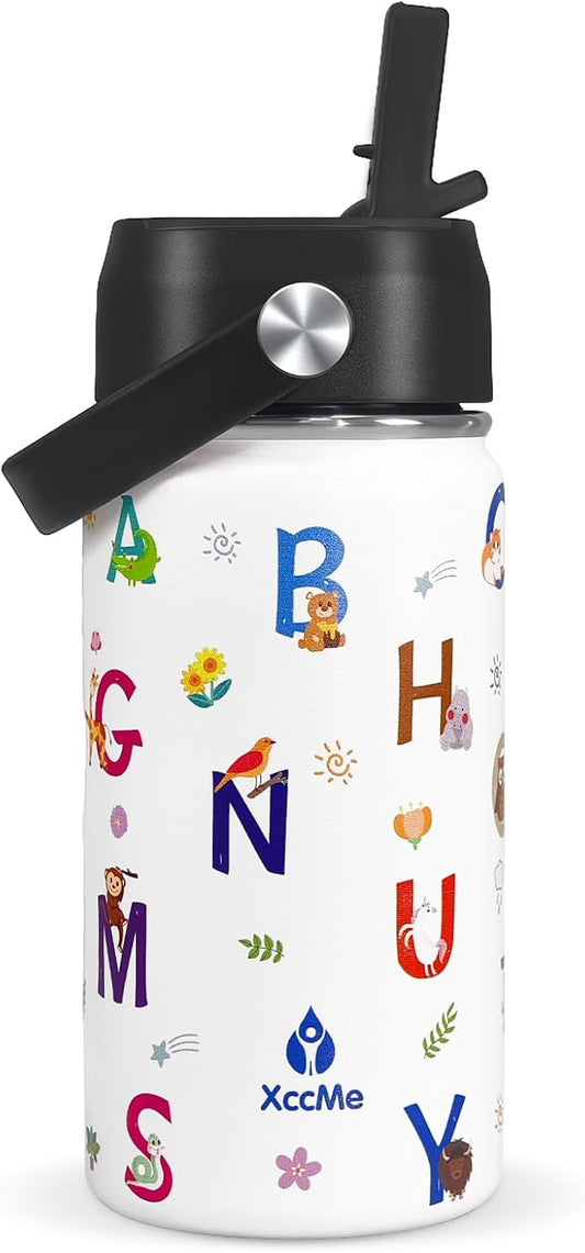 Alphabet Kids Water Bottle With Straw Lid,14 oz Stainless Steel Travel Bottle,Double Wall Leak Proof Kids Cup,Insulated Tumbler for Toddlers,Metal Animal Bottle for School Boys Girls