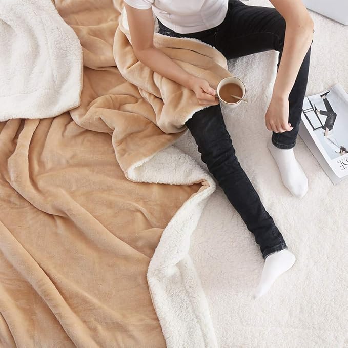 NANPIPER Bed Blanket Reversible Sherpa Flannel Blanket Super Soft Fuzzy Plush Fleece Microfiber (90"x90" Beige) Queen