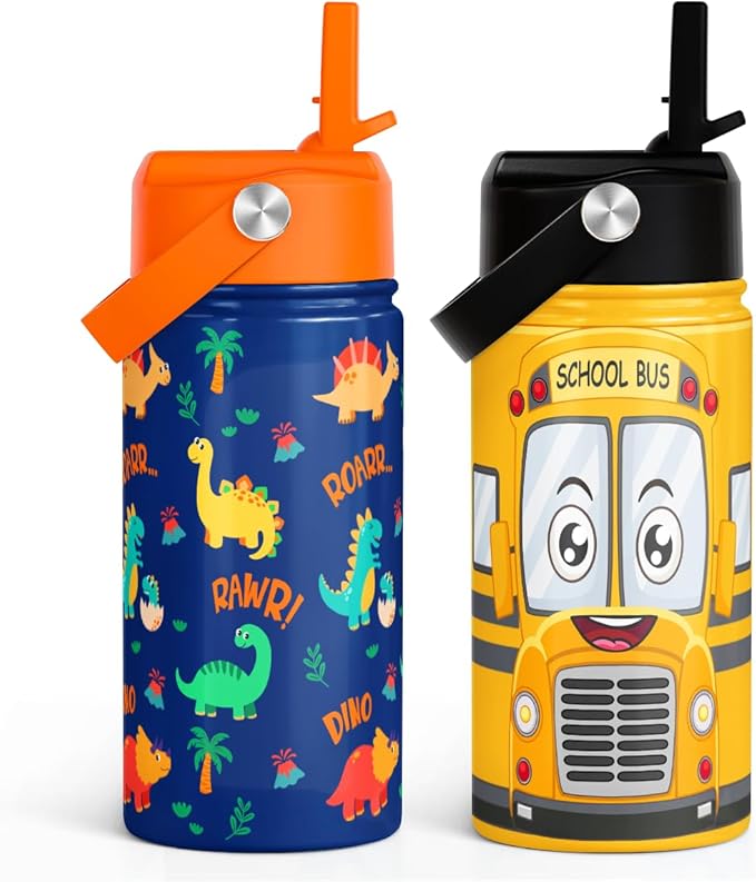 SANDJEST Kids Water Bottle with Straw Lid, Pack of 2 Insulated 12 Oz Stainless Steel Water Bottles for Boys, Travel Cup for School Sports, School Bus - Dinosaur