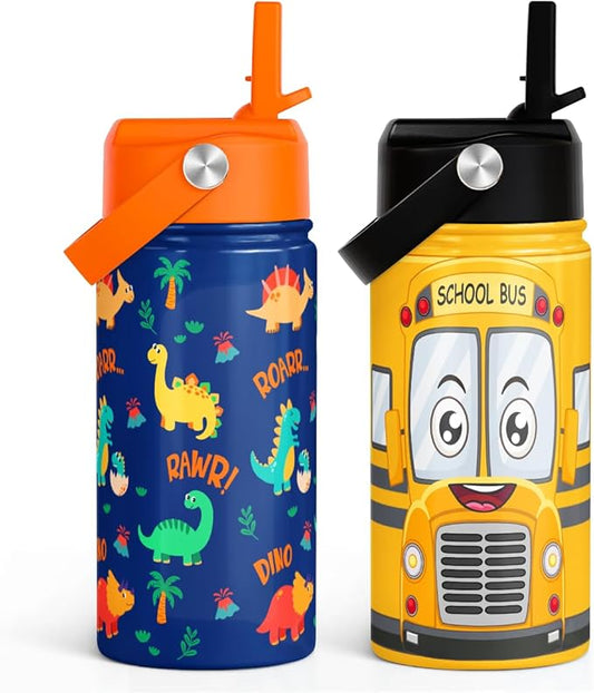 SANDJEST Kids Water Bottle with Straw Lid, Pack of 2 Insulated 12 Oz Stainless Steel Water Bottles for Boys, Travel Cup for School Sports, School Bus - Dinosaur