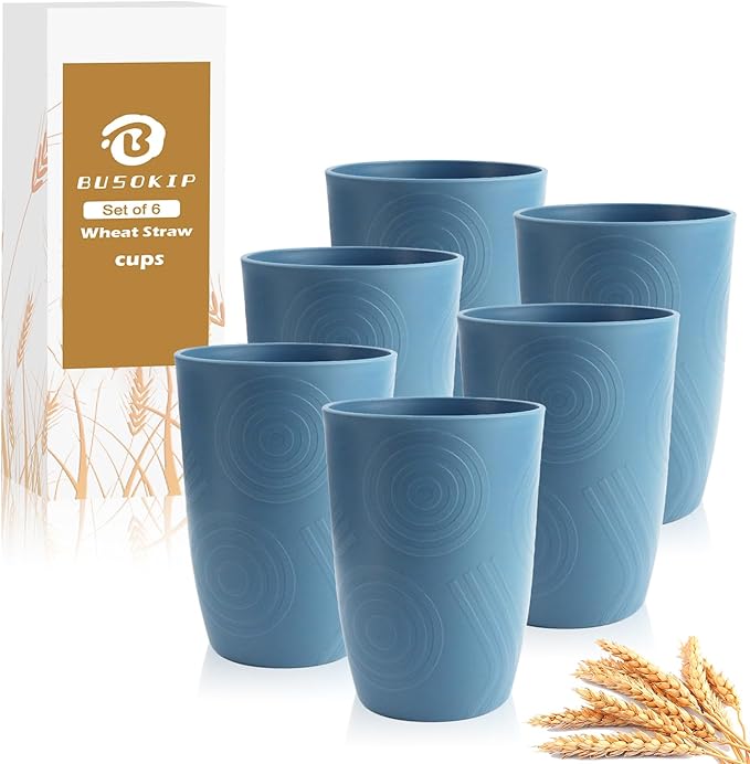 Drinking Glasses Wheat Straw Cups Alternative to Plastic Cups 16 OZ - Unbreakable Cup Set of 6 Reusable Drinking Cup Plastic Glasses Tumbler Dishwasher Safe Cups for Kitchen - Blue
