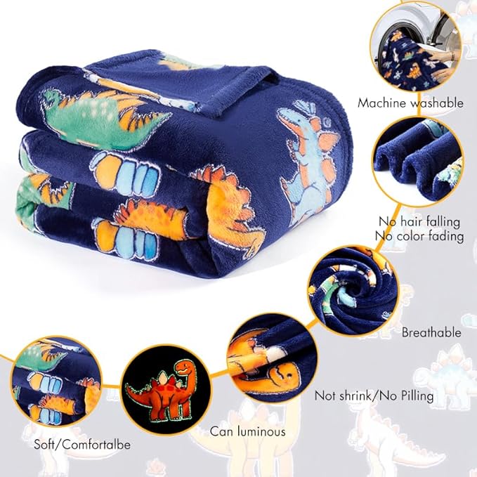 Glow in The Dark Dinosaur Blanket, Dinosaur Gifts Toys for Boys Kids, Best Christmas Birthday Valentine's Day Easter Presents for Kids Age 1-12 Year Old, Child Toddler Teen Soft Cozy Throw 50"x60"