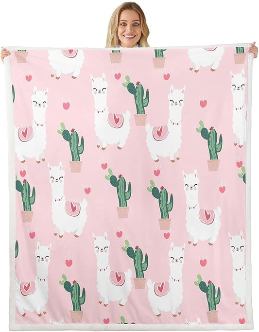 Sherpa Alpaca Blanket - Kids Cute Llama Fleece Throw - Girls Cartoon Llama Plush - Pink Bedroom Decor - South American Animals - Fuzzy Blanket - 40x50 Inch