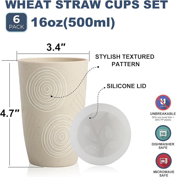 Wheat Straw Cups with Silicone Covers 16oz Set of 6 - Alternative Plastic Cups Microwave & Dishwasher Safe - Plastic Drinking Cups Unbreakable for Kids - Beige