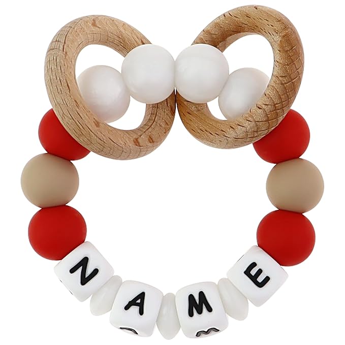Personalized Baby Rattle Teether with Name, Customized Grasping Activity Shaker Grab Rattles, Early Educational Toys with Wood Teething Rings for Newborn Infant Toddler (Red)