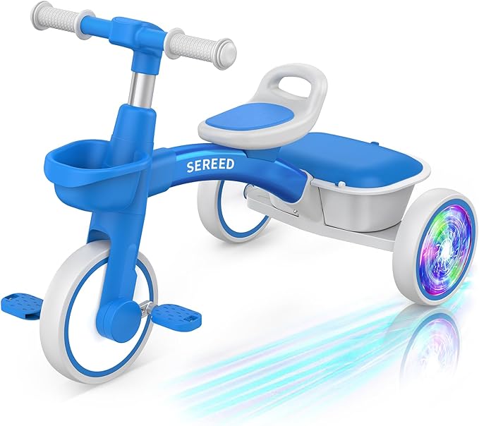 SEREED Colorful Lighting Toddler Tricycle for 2-5 Years Old Boys Girls, Adjustable Seat&Handlebar Trike, Removable Basket, Birthday Gift Idea for Kids Ages 2+ (Blue)