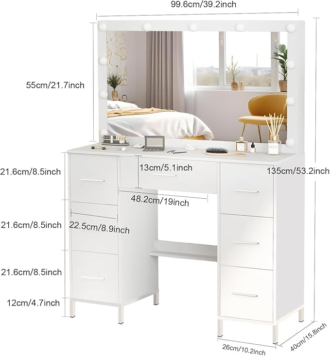 Hollywood Vanity Set, 3 Color Light Modes, Large Lighted Mirror with Brightness Adjustable, 7 Drawers for Storing Items, White Makeup Table for Girls and Women