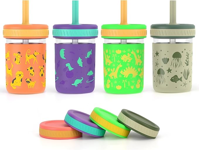 Sursip Toddler Glass Sippy Cups, Kids Baby 12 oz Spill-Proof Water Tumbler with Straw and Lids, Smoothie Snack Mason Jar For Travel School or At Home, 4 Packs BPA-Free
