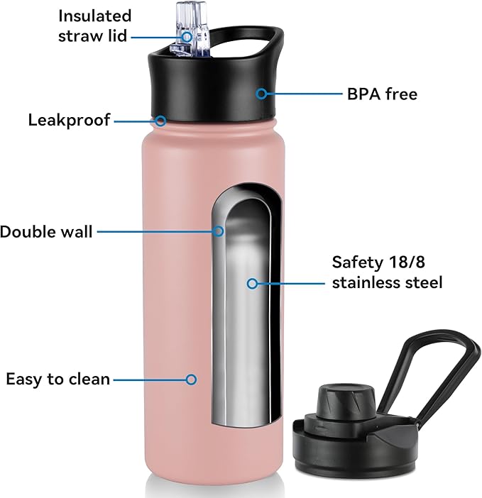 16 oz Insulated Water Bottle with Straw Lids, Stainless Steel Kids Water Bottles for School, Double Wall Vacuum Metal Water Bottle with Straw & Wide Mouth Lid, Harbor Pink 1 Pack