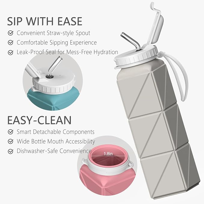 Collapsible Water Bottles with Straw 20.6oz, Silicone Foldable Portable Water Bottle, Lightweight Reusable Leakproof for Travel Camping Hiking Cycling Yoga Sports, 2 Pack (Black+Starlight)