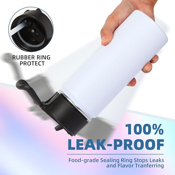 Volhoply 16 OZ Kids Water Bottle Bulk 2 Pack,Insulated Sports Bottles with Straw Lid,Stainless Steel Bottle with Handle Keep Cold & Hot,Double Wall Vacuum Tumbler Cups for School,Girls(White, 2)