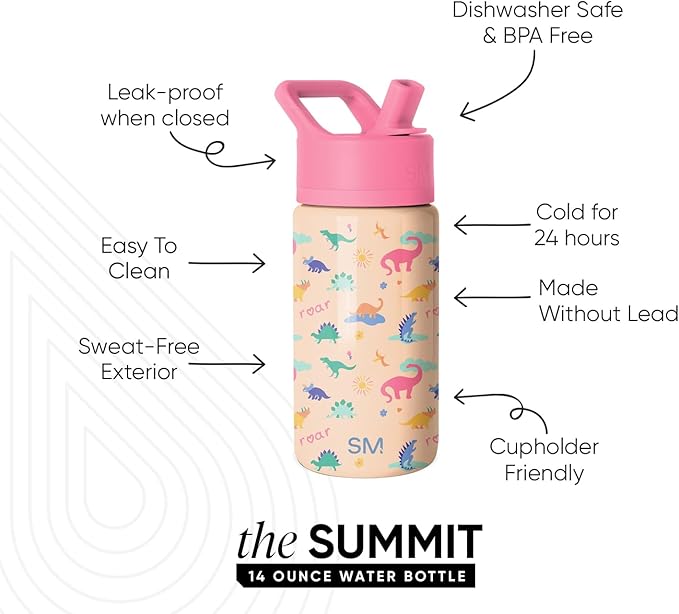 Simple Modern Kids Summit Water Bottle with Straw Lid | 14oz Stainless Steel Cup Insulated Tumbler for Toddlers, School | Dinosaura