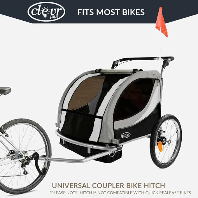 ClevrPlus Deluxe 3-in-1 Double 2 Seat Bicycle Bike Trailer Jogger Stroller for Kids Children | Foldable Collapsible w/Pivot Front Wheel