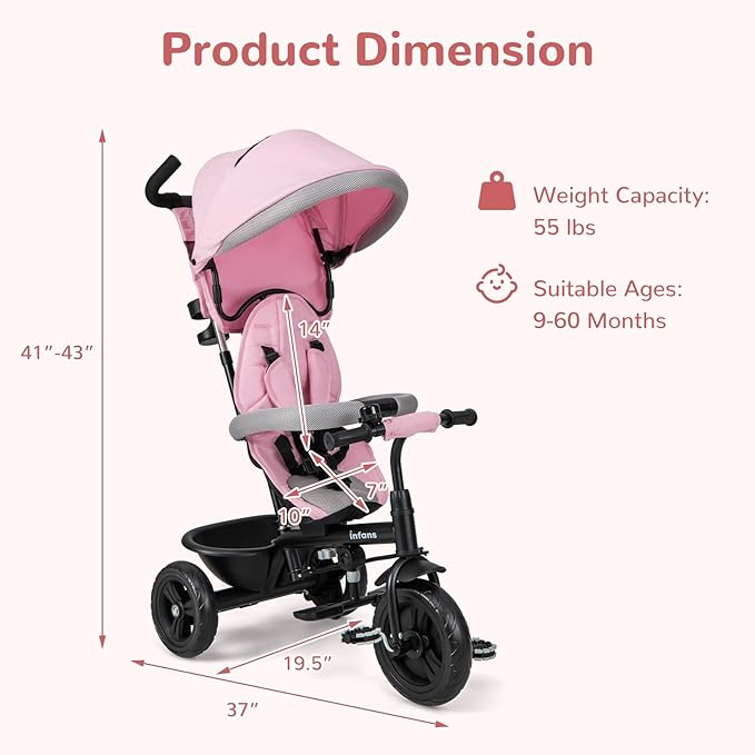 INFANS Kids Tricycle, 6 in 1 Baby Trike Toddler Bike with Reversible Seat, Adjustable Push Handle, Control Direction, Removable Canopy, Safety Harness, Belt, Storage, 9-60 Months (Pink)