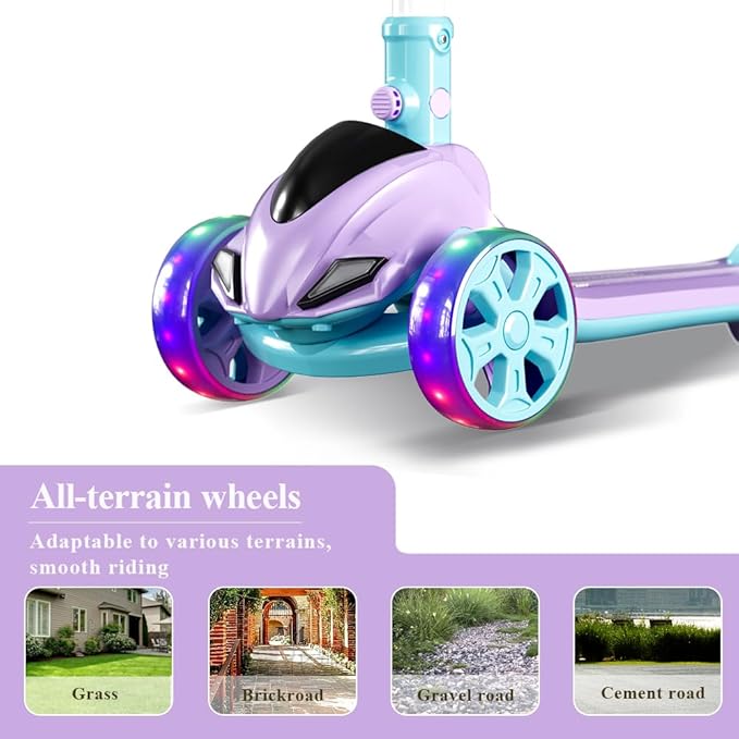 3-Wheel Foldable Kick Scooter for Kids, 4 Adjustable Height Toddler Scooter with LED Lighted Wheels, Lean-to-Steer Design& Wider Anti-Slip Deck for Children Boys & Girls Ages 3-8
