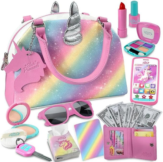 Play Purse for Little Girls and Toddlers - Unicorn Purse Toys for Kids Pretend Play Accessories: Phone, Wallet, Credit Cards, Keys, Pretend Makeup Unicorn Gift for Girl Age 3 4 5 6 7 8 Years and Up