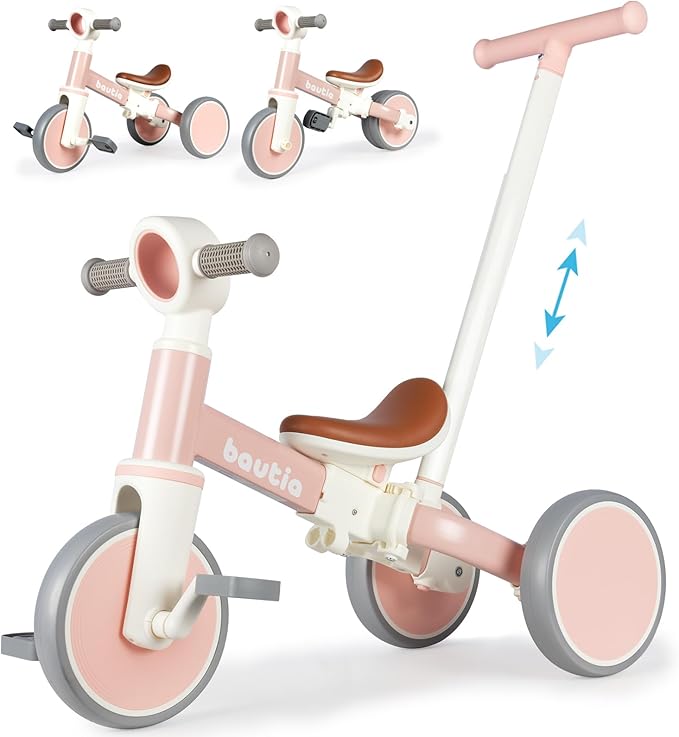 Kids Tricycle for Toddlers 1-3 with Push Handle, 5 in 1 Baby Balance Bike Toy for 1-4 Years Old Boys Girls Gift with Removable Pedals (No Parent Steering Version)